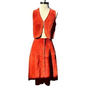 Beautiful Vintage 60s Suede Burnt Orange Skirt Vest Suit Size 11 Modern Small